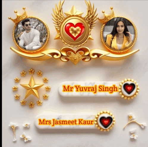 mr yuvraj singh and mrs jasmeet kaur are displayed on a gold plaque
