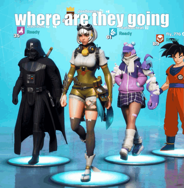 a group of video game characters are standing next to each other with the words " where are they going " above them