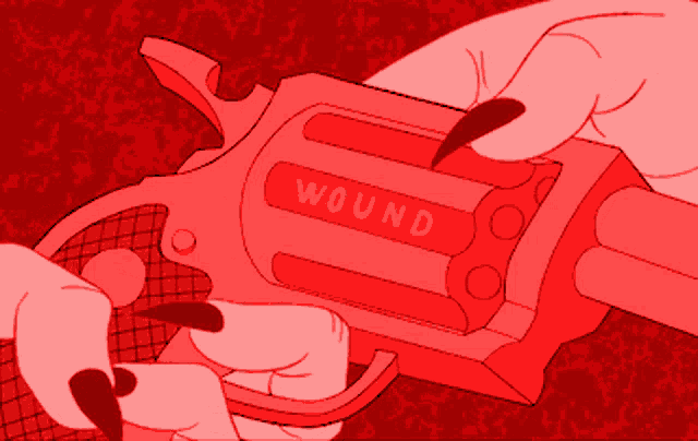 a cartoon drawing of a person holding a gun with the word wound on it