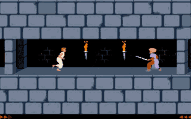 a video game shows a man holding a sword and a woman running