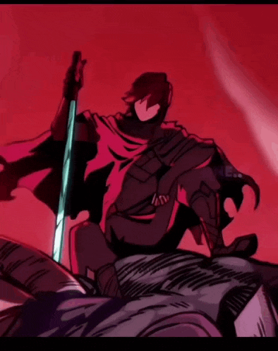 a drawing of a person holding a sword in a red background