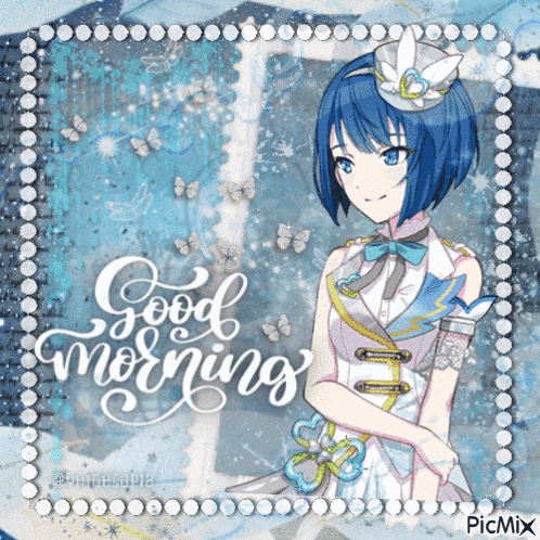 a picture of a girl with blue hair and the words good morning on it