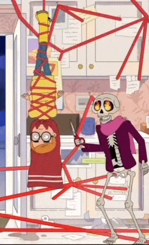 a cartoon of a skeleton holding a pair of scissors next to a person tied up