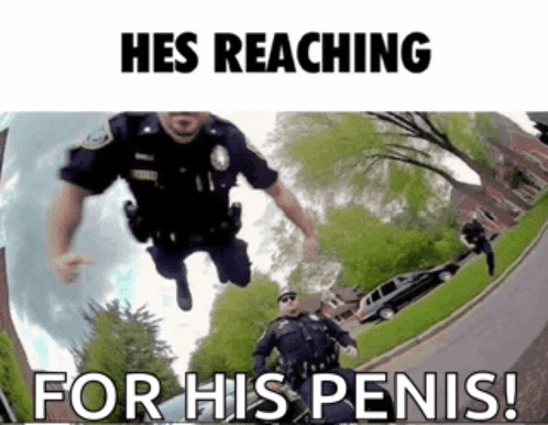a police officer is reaching for his penis in a meme