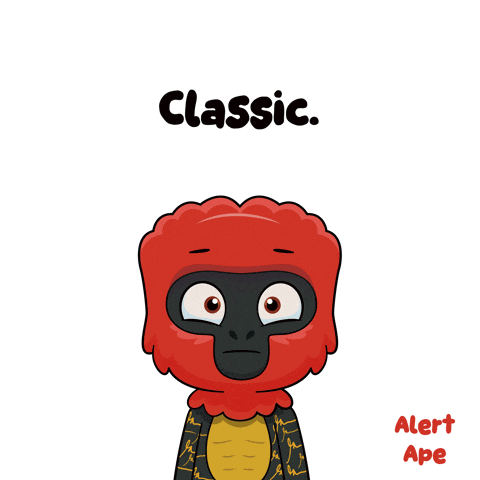 a cartoon drawing of a red ape with the words classic alert ape below it