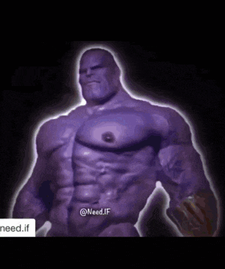 a purple man with a nipple in his chest is standing in front of a dark background