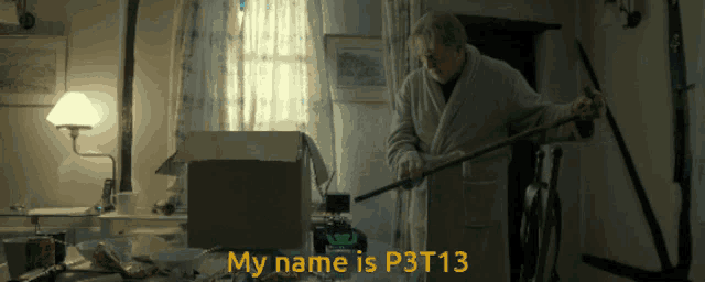 a man in a robe is holding a cane in a room that says my name is p3t13 on the bottom