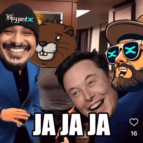 elon musk and a man with a beard are posing for a picture and the caption says " ja ja ja "