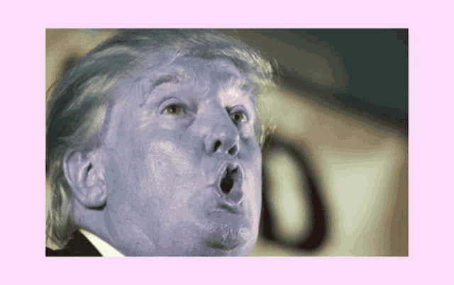 a close up of donald trump 's face with a pink background