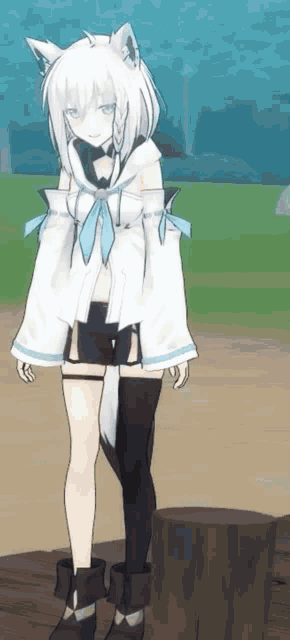 a girl with white hair and a cat ear is standing next to a stump .