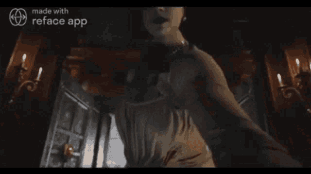 a woman in a white dress is standing in front of a door in a dark room .