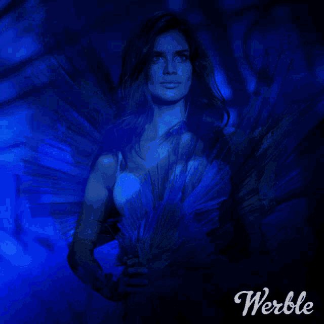 a woman in a blue dress is on a blue background with the word werble