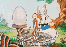 a cartoon of a rabbit sitting at a table with an egg and the words " hope you had a fun easter " .