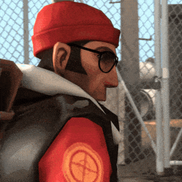 a man wearing glasses and a red hat has a badge on his arm that says ' sniper '