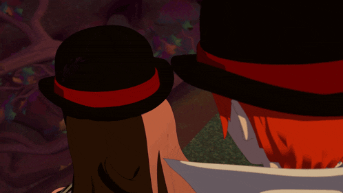a woman wearing a top hat and a scarf looks at another woman