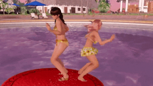 two women in bikinis are dancing in a swimming pool in a video game .