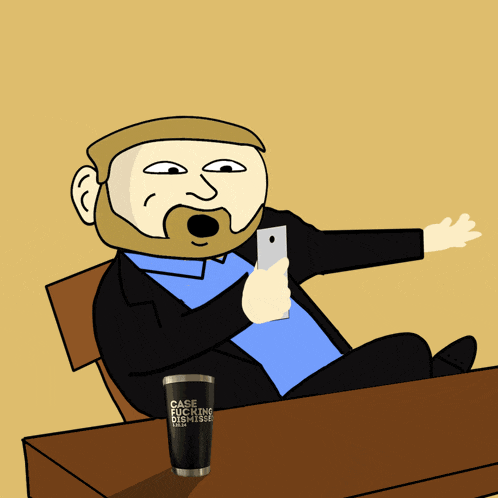 a cartoon of a man sitting at a table with a case fucking disturbed tumbler on the table