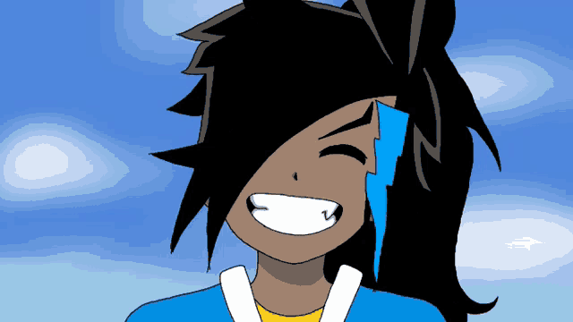 a cartoon character with a blue lightning bolt on his hair is smiling
