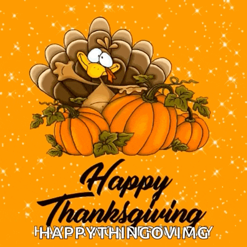 a happy thanksgiving greeting card with a cartoon turkey and pumpkins