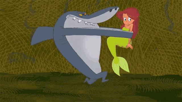 a cartoon of a shark and a mermaid with red hair