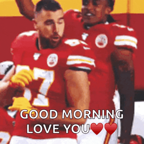 a couple of football players standing next to each other with the words " good morning love you "