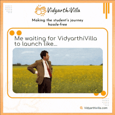 a man in a suit and tie is standing in a field with the words " me waiting for vidyarthavilla to launch like "
