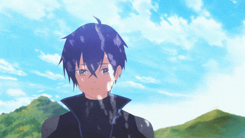 a blue haired anime character stands in front of a mountain