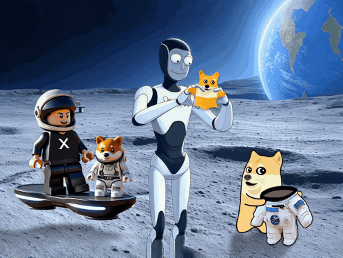 a group of cartoon characters including a doge wearing a space suit with the letter x on it