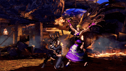 a video game scene with a woman in a purple dress holding a green light