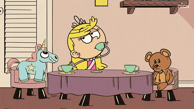 a cartoon of a girl drinking tea with a teddy bear and a unicorn