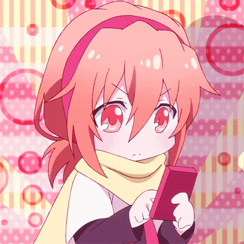 a girl with pink hair and red eyes is holding a red box