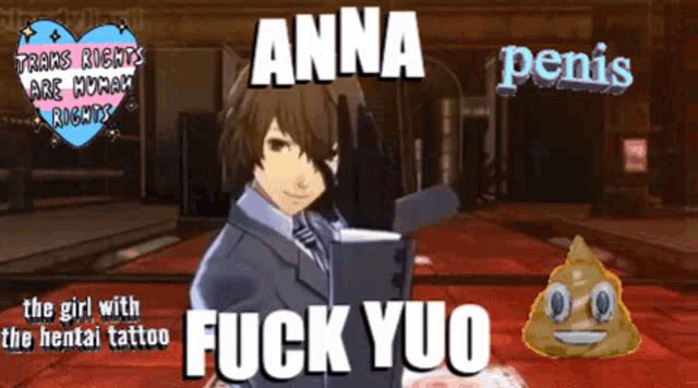 a man in a suit and tie is holding a book with the words anna penis fuck yuo on it
