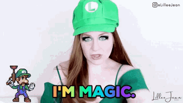 a woman is wearing a green hat with the letter l on it and says i 'm magic