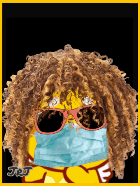 a smiley face with curly hair wearing sunglasses and a mask