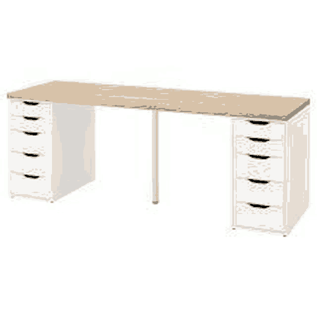a long white desk with drawers and a wooden top .