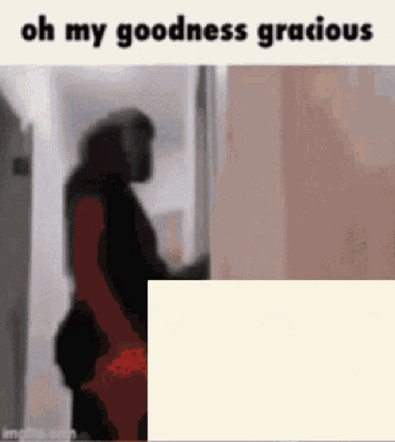 a blurred image of a woman standing in a hallway with the words `` oh my goodness gracious '' above her .