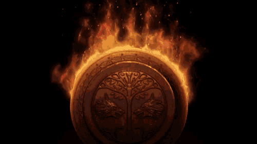 a coin with two wolves on it that is on fire