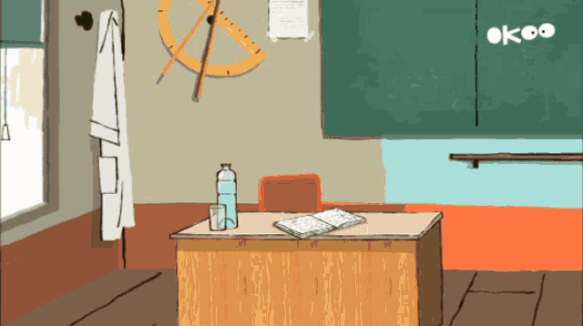 a cartoon drawing of a classroom with a blackboard that says okeo