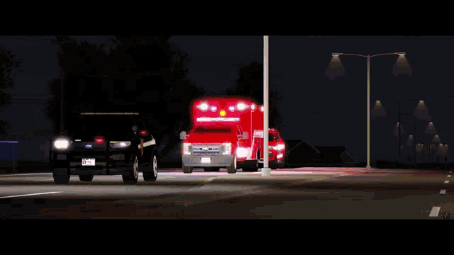 a red fire department vehicle is parked in front of a house at night