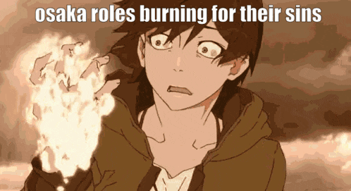 osaka roles burning for their sins written on a cartoon character