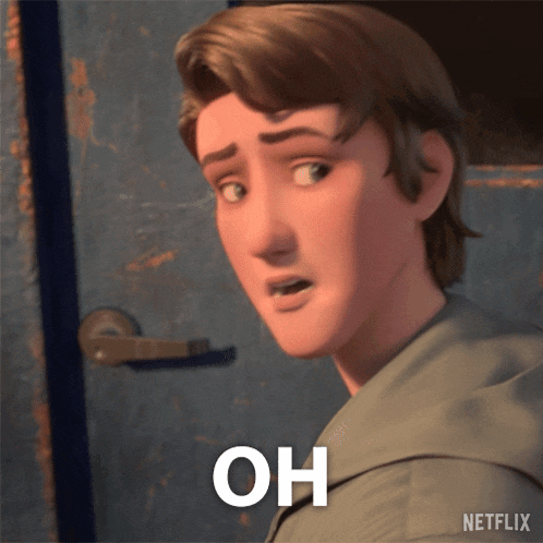 a close up of a cartoon character with the words oh above him