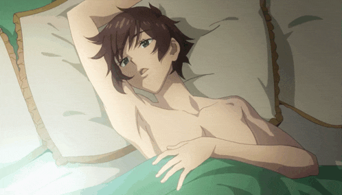 a shirtless anime character laying on a bed with a green blanket