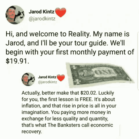 a picture of a dollar bill with the words " hi and welcome to reality " on it