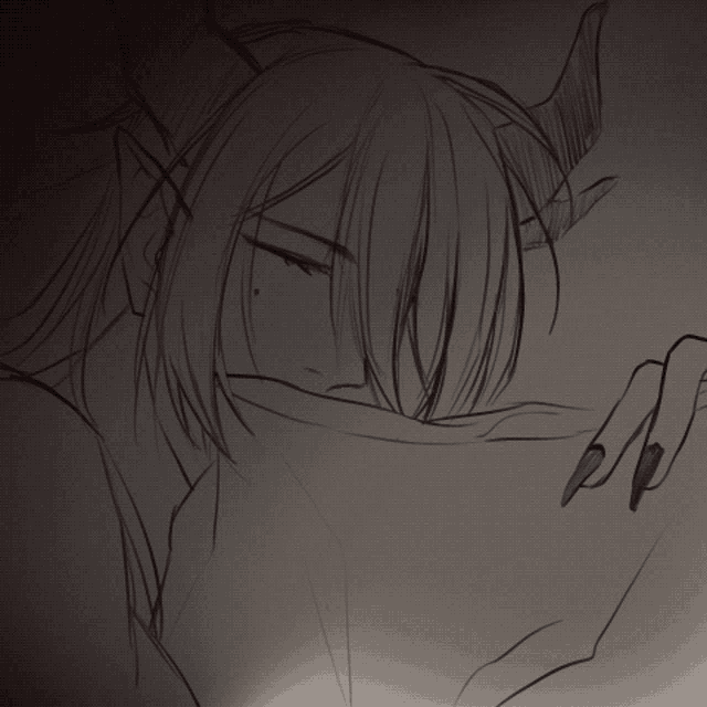 a black and white drawing of a demon with long hair and horns