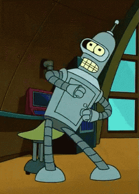 bender from futurama is standing in a room