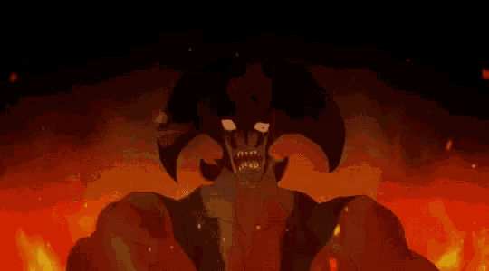 a cartoon of a man in a cave with flames coming out of his mouth .