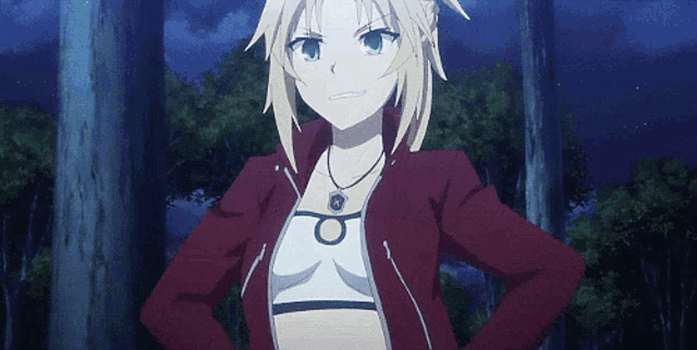a girl in a red jacket is standing in a forest