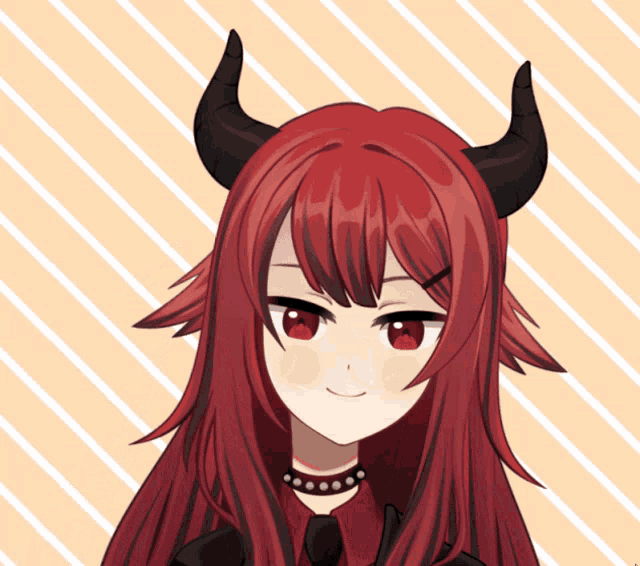 a red haired anime girl with horns and a choker