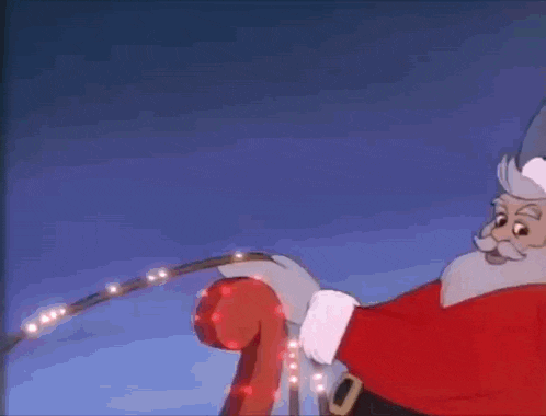 a cartoon of santa claus flying through the air with a bag of gifts .