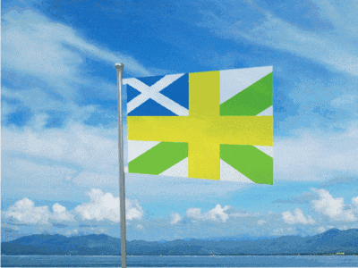a yellow white and blue flag is flying in the wind with mountains in the background